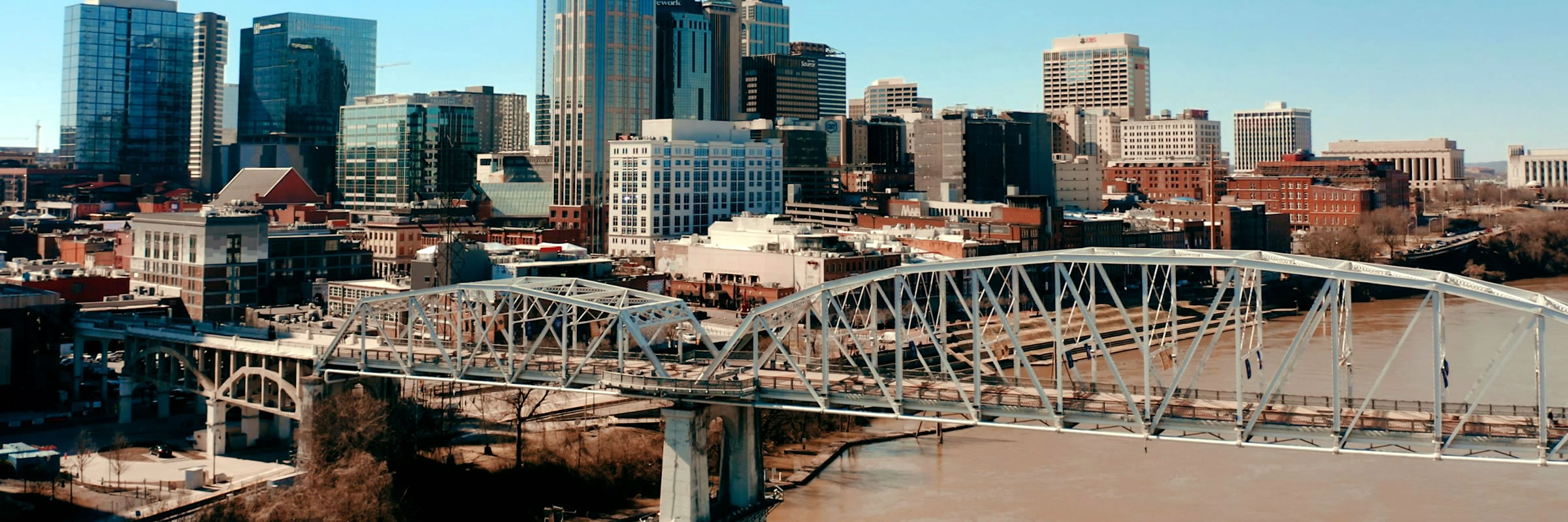 Still from drone shot of downtown Nashville.